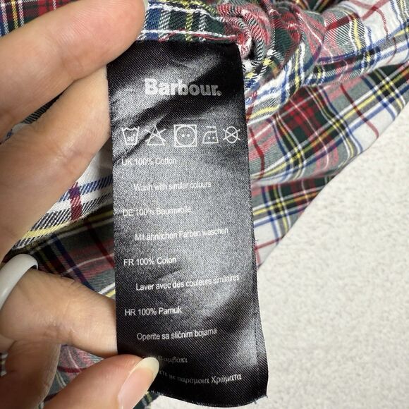Barbour Mens Tailored Fit Flannel Size M Tartan White Red Plaid Corduroy Collar - Picture 3 of 6